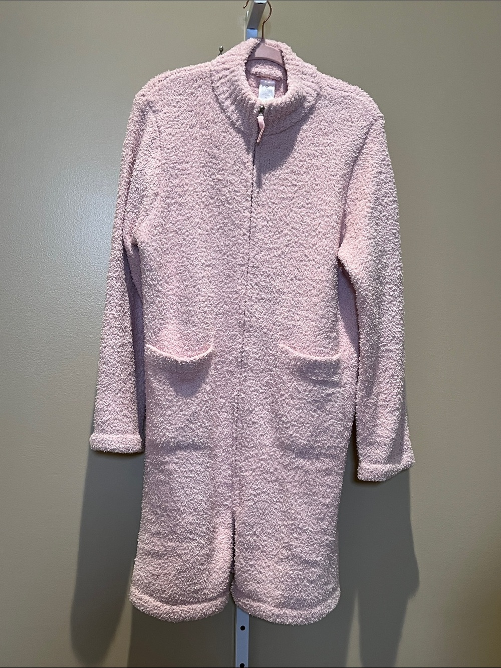 Long Plush Teddy Zip-Up Jacket in Light Pink